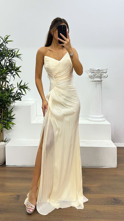 Bej Straplez Şifon Abiye Elbise