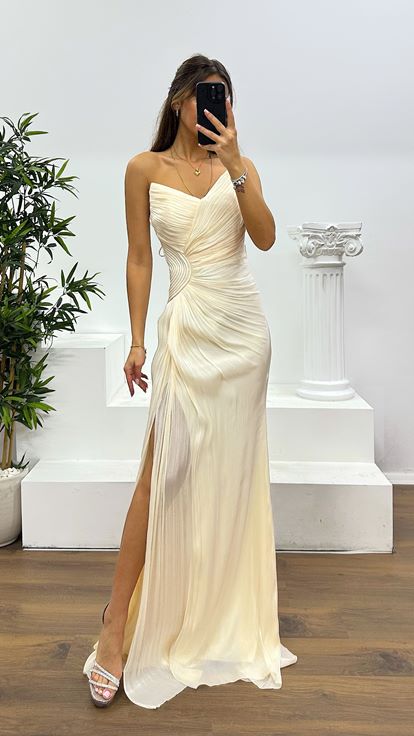 Bej Straplez Şifon Abiye Elbise