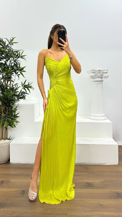 Fıstık Straplez Şifon Abiye Elbise