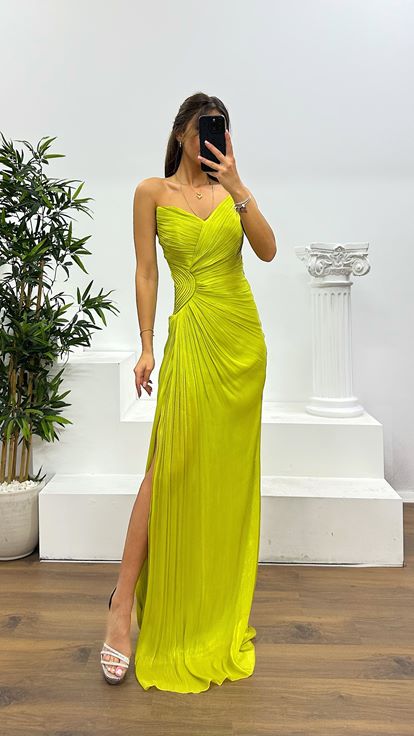 Fıstık Straplez Şifon Abiye Elbise