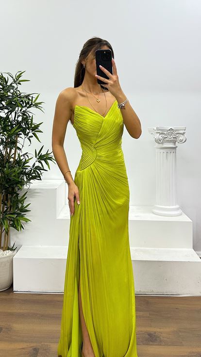 Fıstık Straplez Şifon Abiye Elbise