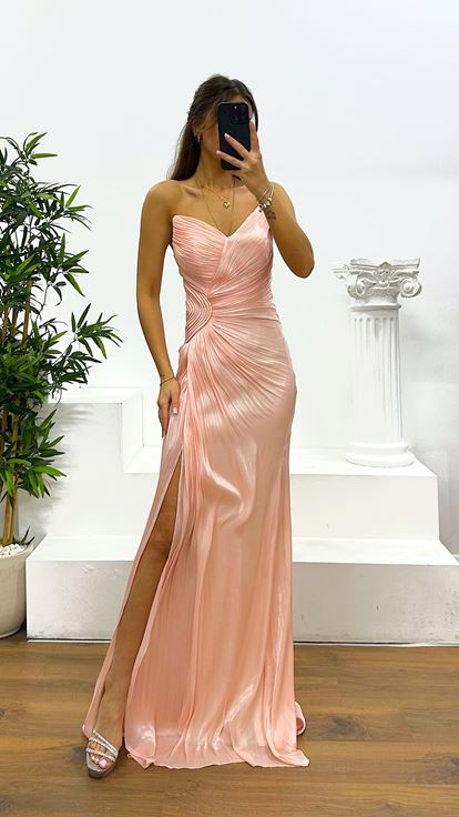 Somon Straplez Şifon Abiye Elbise