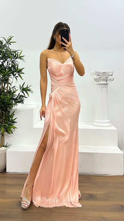 Somon Straplez Şifon Abiye Elbise