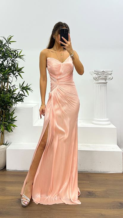 Somon Straplez Şifon Abiye Elbise