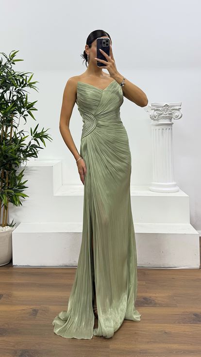 Haki Straplez Şifon Abiye Elbise