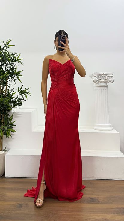 Kırmızı Straplez Şifon Abiye Elbise