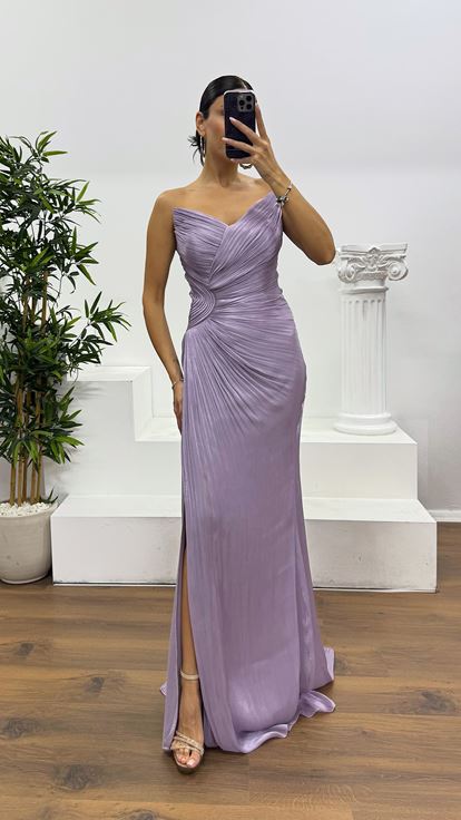 Lila Straplez Şifon Abiye Elbise