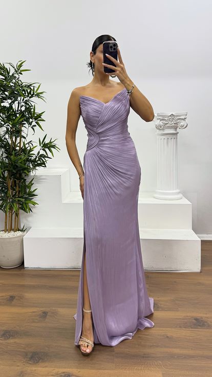 Lila Straplez Şifon Abiye Elbise