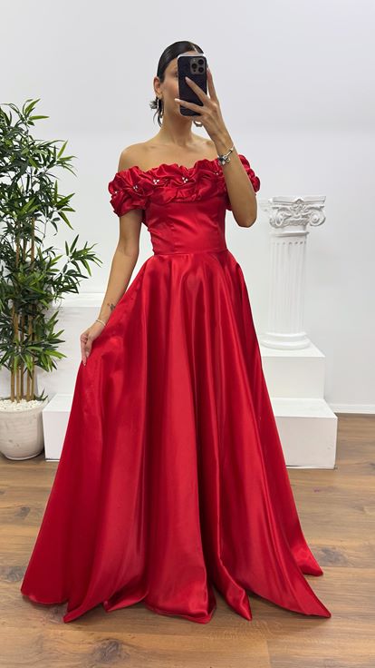 Kırmızı Kayık Yaka Büzgülü Abiye Elbise