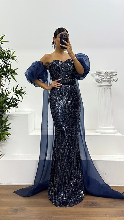 Lacivert İşlemeli Balon Kol Abiye Elbise