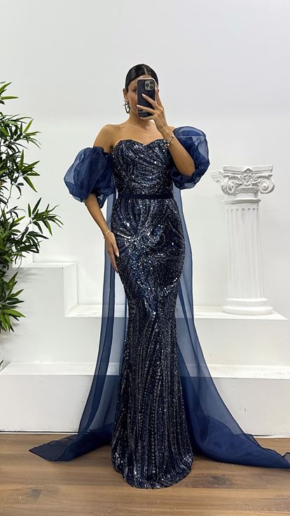 Lacivert İşlemeli Balon Kol Abiye Elbise