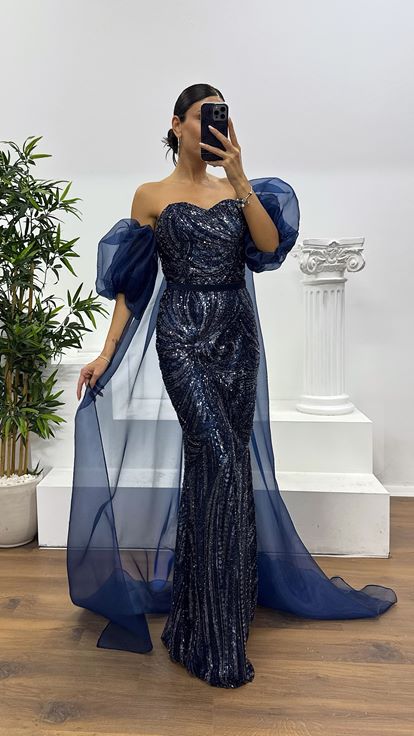 Lacivert İşlemeli Balon Kol Abiye Elbise