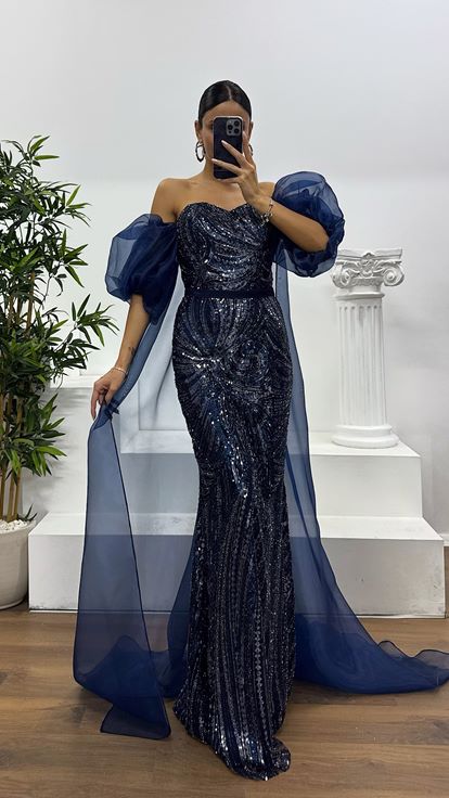 Lacivert İşlemeli Balon Kol Abiye Elbise