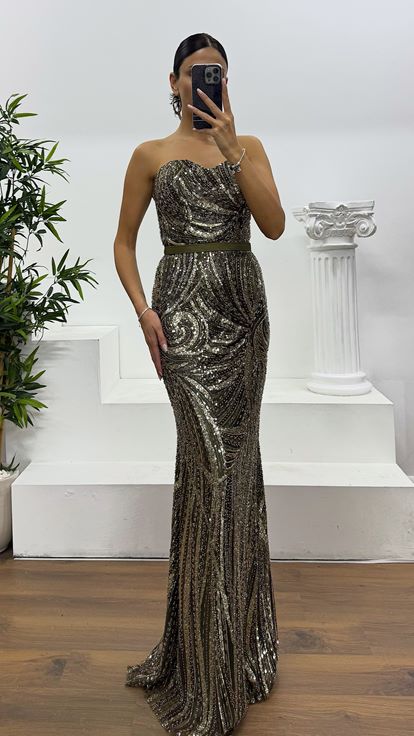 Haki İşlemeli Balon Kol Abiye Elbise