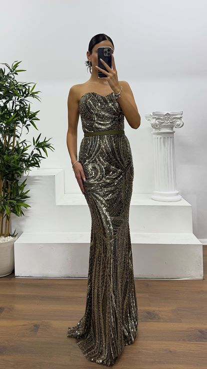 Haki İşlemeli Balon Kol Abiye Elbise