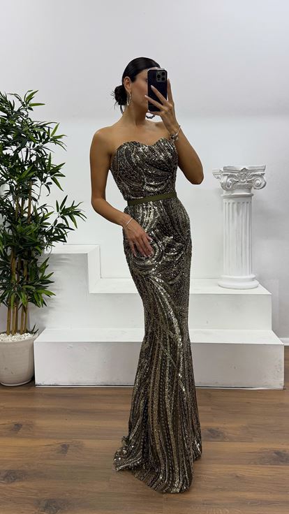 Haki İşlemeli Balon Kol Abiye Elbise