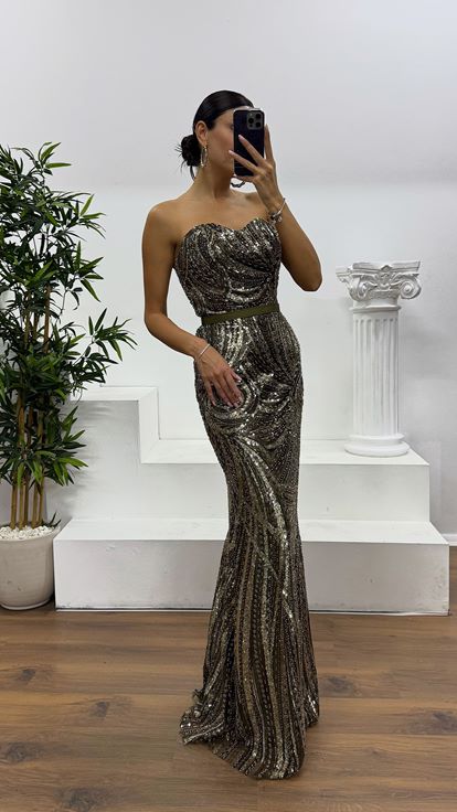 Haki İşlemeli Balon Kol Abiye Elbise