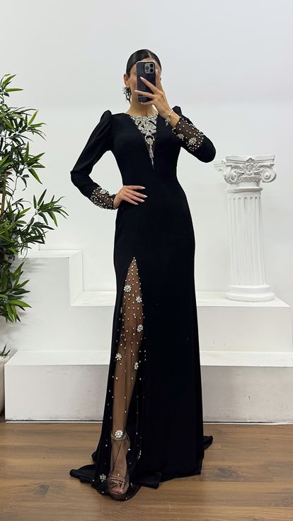 Black Embroidery Detail Evening Dress