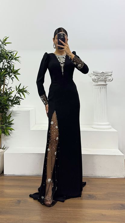 Black Embroidery Detail Evening Dress