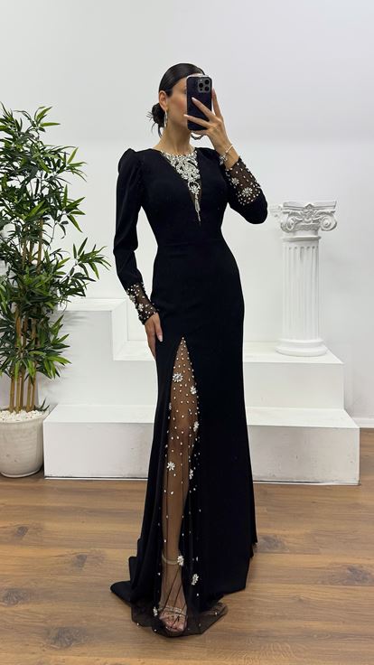 Black Embroidery Detail Evening Dress