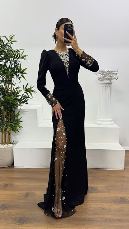 Black Embroidery Detail Evening Dress