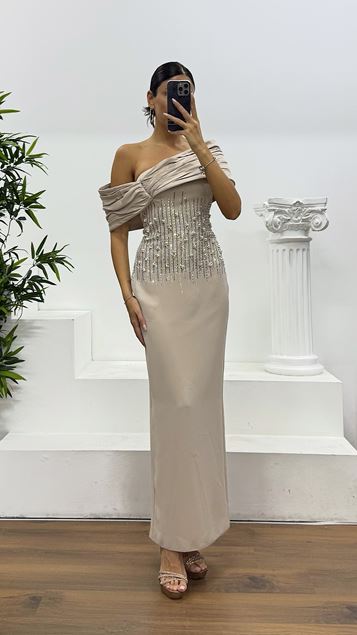 Beige Midi Length Embroidered Detail Evening Dress