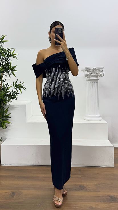 Navy Blue Midi Length Embroidered Evening Dress