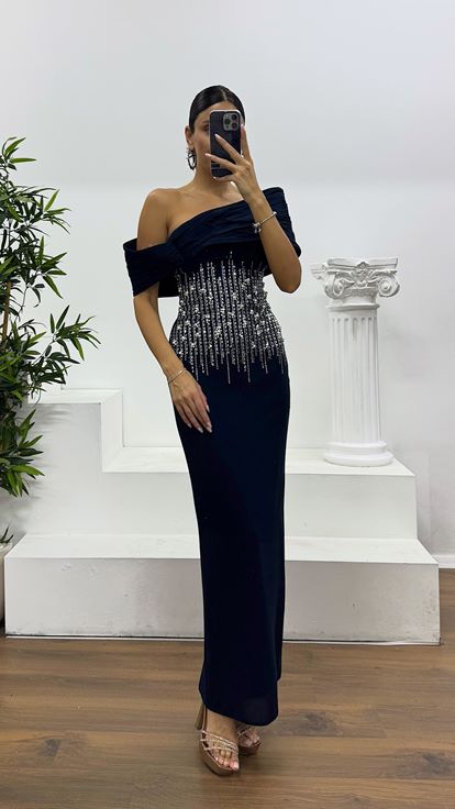 Navy Blue Midi Length Embroidered Evening Dress
