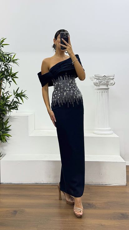 Navy Blue Midi Length Embroidered Evening Dress