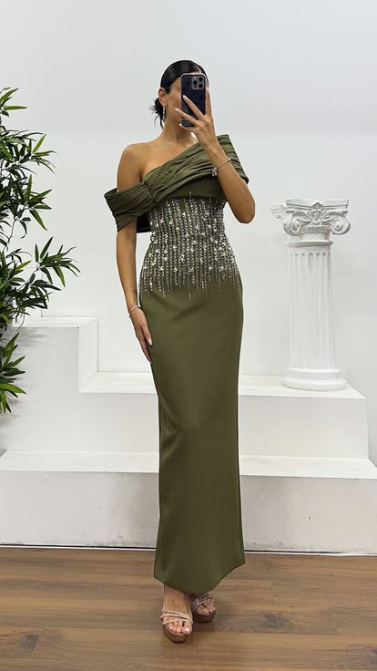 Haki Midi Boy İşleme Detay Abiye Elbise