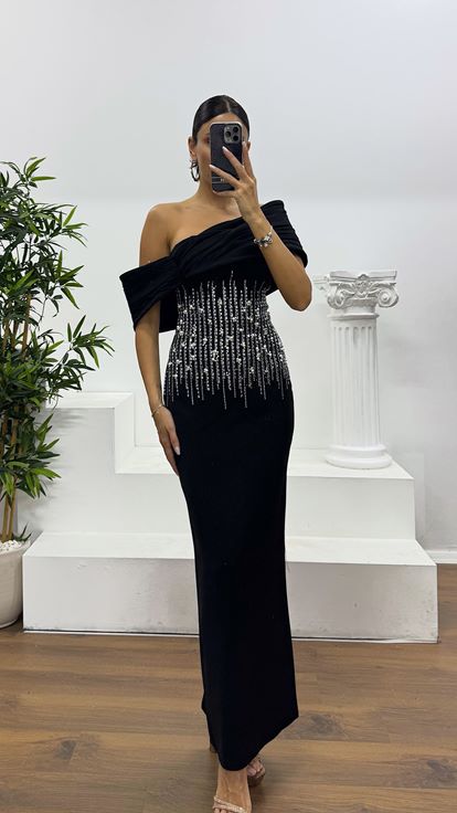 Siyah Midi Boy İşleme Detay Abiye Elbise