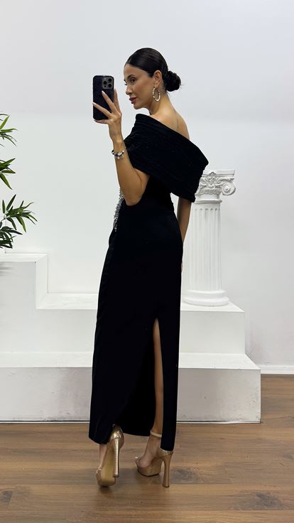 Siyah Midi Boy İşleme Detay Abiye Elbise