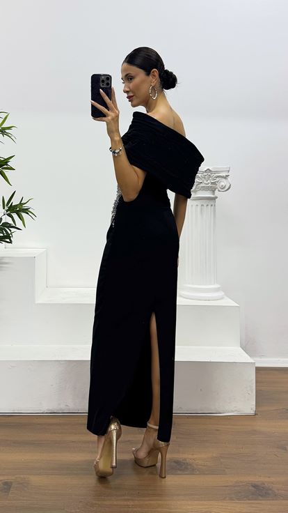 Siyah Midi Boy İşleme Detay Abiye Elbise