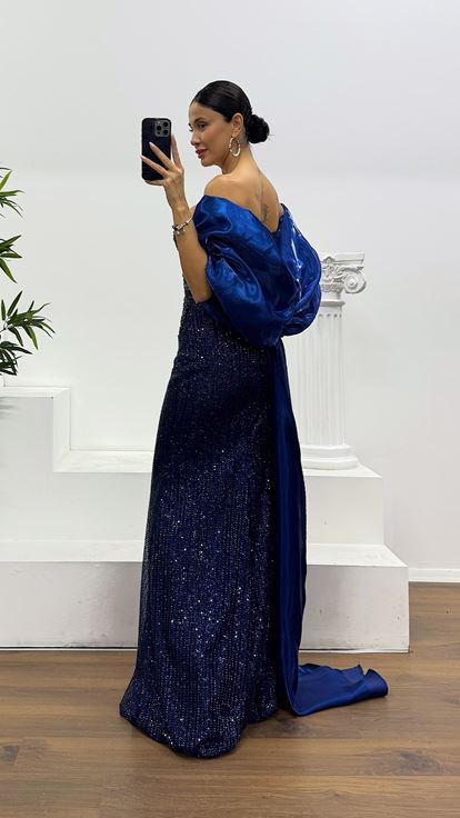 Navy Blue Strapless Embroidered Evening Dress