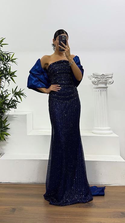 Navy Blue Strapless Embroidered Evening Dress