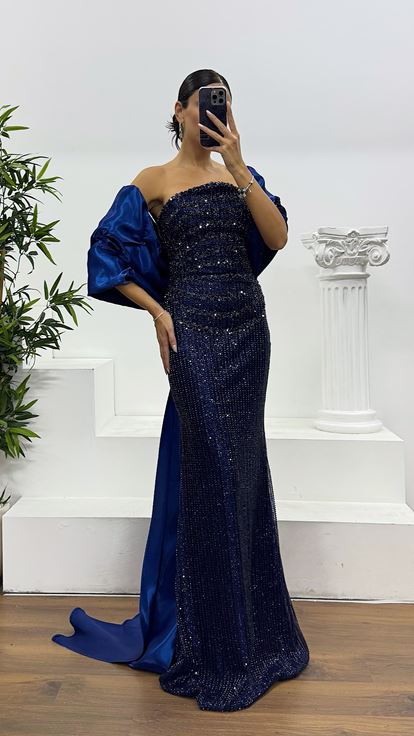 Navy Blue Strapless Embroidered Evening Dress