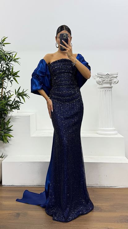 Navy Blue Strapless Embroidered Evening Dress