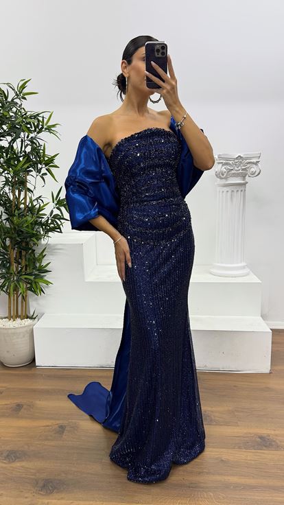 Navy Blue Strapless Embroidered Evening Dress