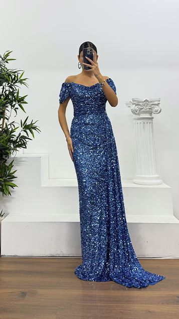 İndigo Kayık Yaka Pul Payet Abiye Elbise