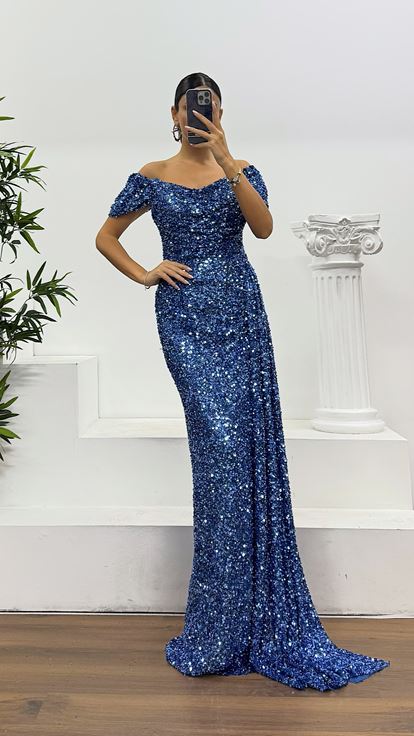 İndigo Kayık Yaka Pul Payet Abiye Elbise