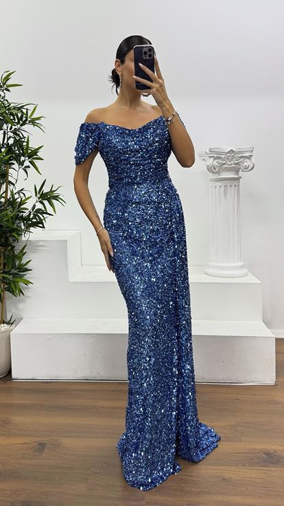 İndigo Kayık Yaka Pul Payet Abiye Elbise