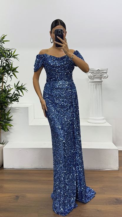 İndigo Kayık Yaka Pul Payet Abiye Elbise