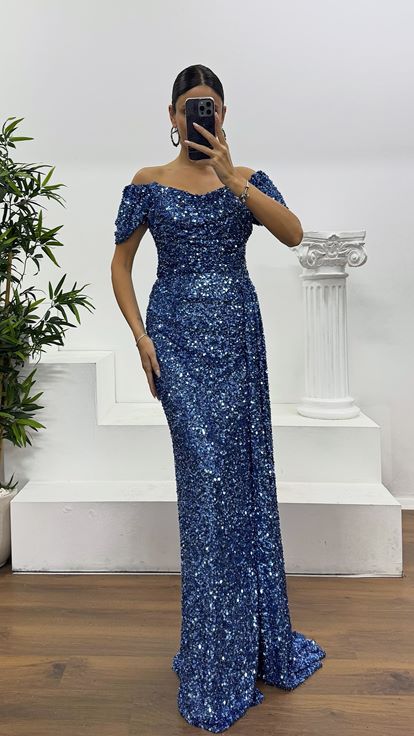 İndigo Kayık Yaka Pul Payet Abiye Elbise