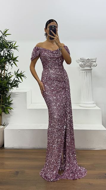 Pudra Kayık Yaka Pul Payet Abiye Elbise