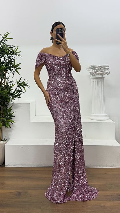 Pudra Kayık Yaka Pul Payet Abiye Elbise