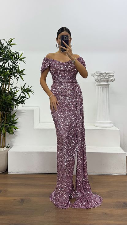 Pudra Kayık Yaka Pul Payet Abiye Elbise