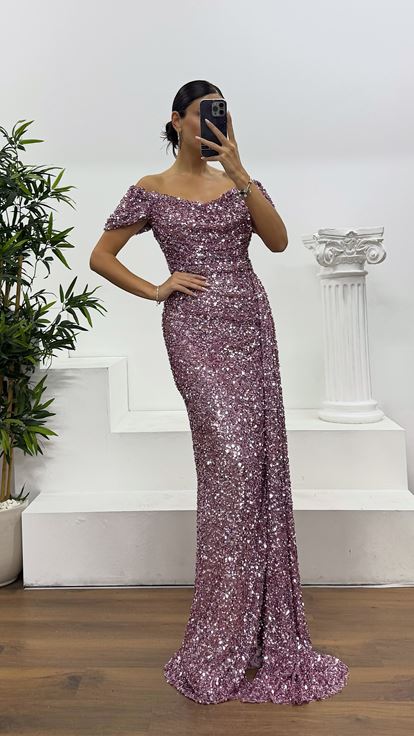 Pudra Kayık Yaka Pul Payet Abiye Elbise