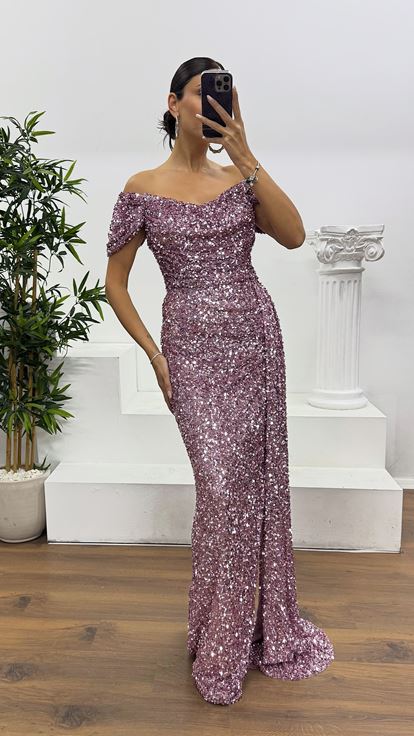 Pudra Kayık Yaka Pul Payet Abiye Elbise