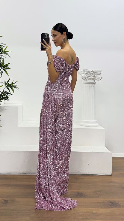 Pudra Kayık Yaka Pul Payet Abiye Elbise