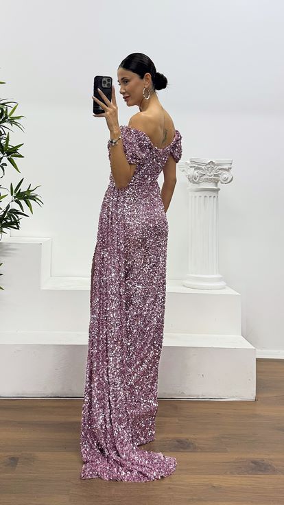 Pudra Kayık Yaka Pul Payet Abiye Elbise